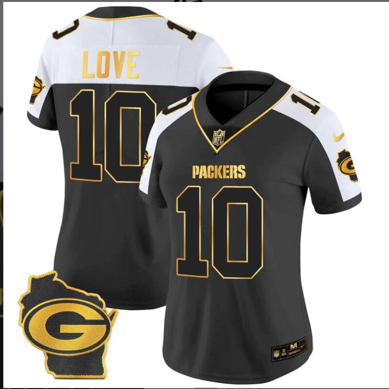 Women Green Bay Packers #10 Love Home Patch Gold Vapor 2024 NFL Nike black jerseys
